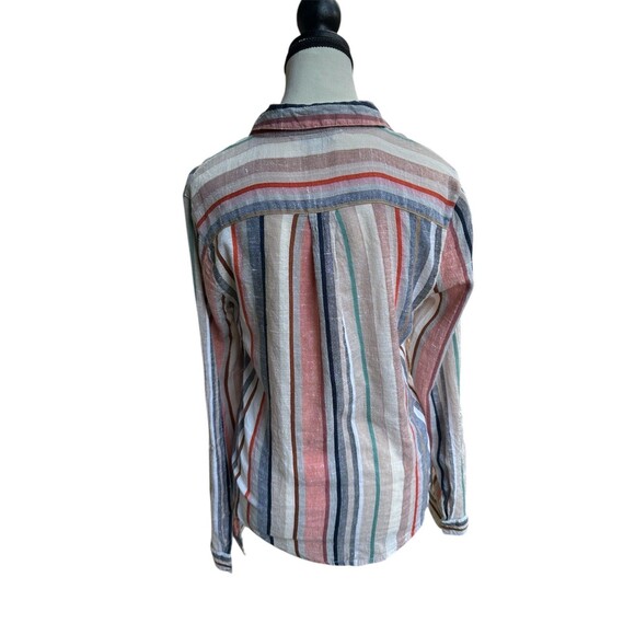 HARPER Linen Striped Button Up Tie Front Roll Cuff Sleeve Top Women's Size S - Picture 2 of 6